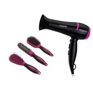 Coffret Coiffure Seche Cheveux fuschia Techwood. Livré avec 3 Brosses. 3 températures – 2 vitesses 2200W