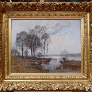 JAPY Louis Aimé Ecole Française Peinture 19ème Siècle Ecole de Barbizon Huile Sur Toile signée Vaches à la mare